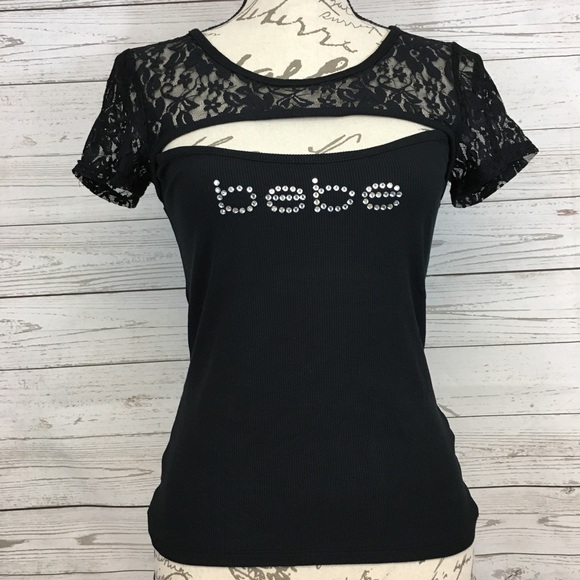bebe Logo Shirt Rhinestone Lace PEAKABOO Top - Picture 3 of 8